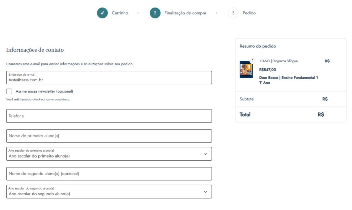 Tela com opções de pagamento