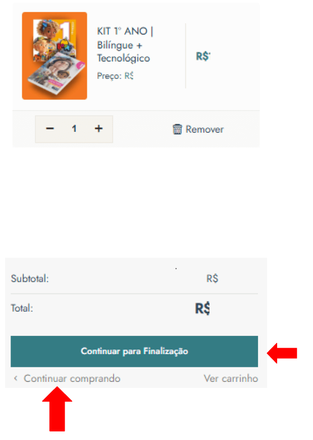 Carrinho com opções Continuar para Finalização e Continuar comprando