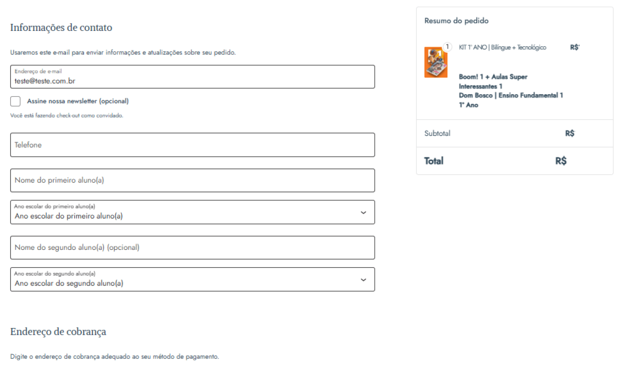 Formulário de checkout com campos de contato e alunos