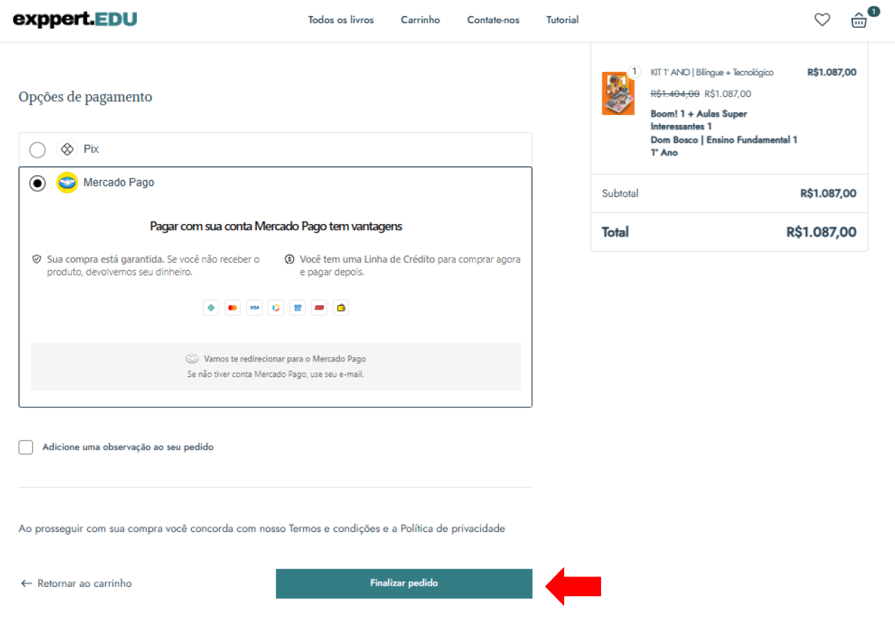 Opções de pagamento Pix e Mercado Pago